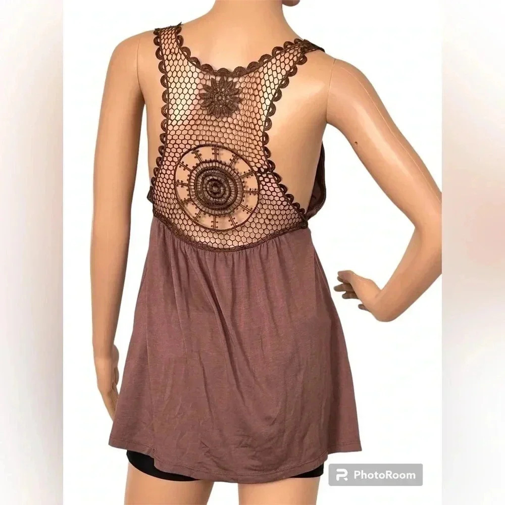 Macrame Deep Plunge Tank In Taupe With Peplum Babydoll Waist Line